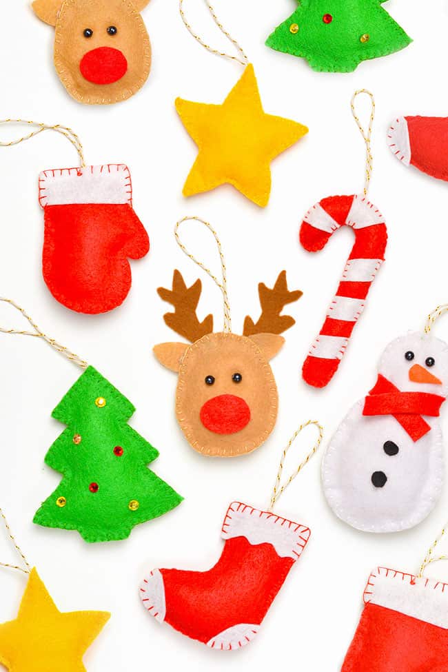 DIY felt ornaments made using 7 free felt ornament patterns