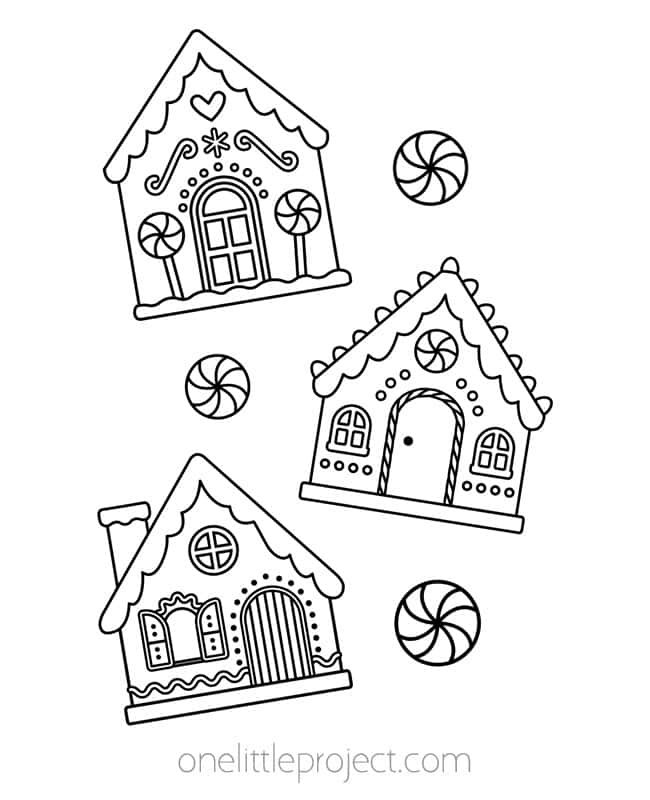 Gingerbread House Coloring Pages - decorated Christmas houses