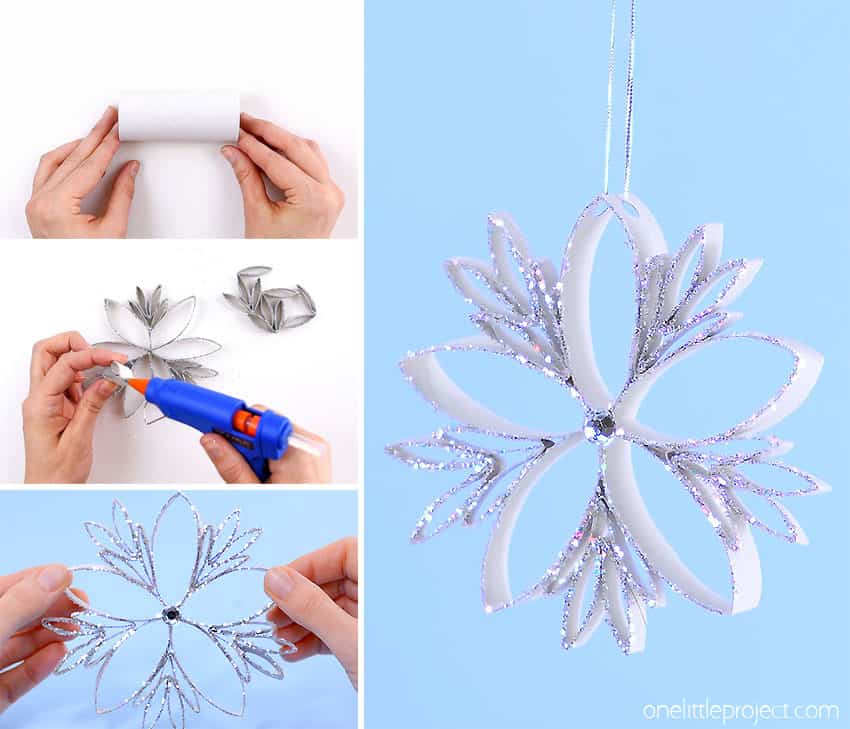 These paper roll snowflakes are SO BEAUTIFUL and really easy to make! This is such a great Christmas craft that you can leave up all winter long. Hang them on the Christmas tree, or in the window as a beautiful winter decoration. This is such a great winter craft idea and a fun way to recycle empty toilet paper rolls!