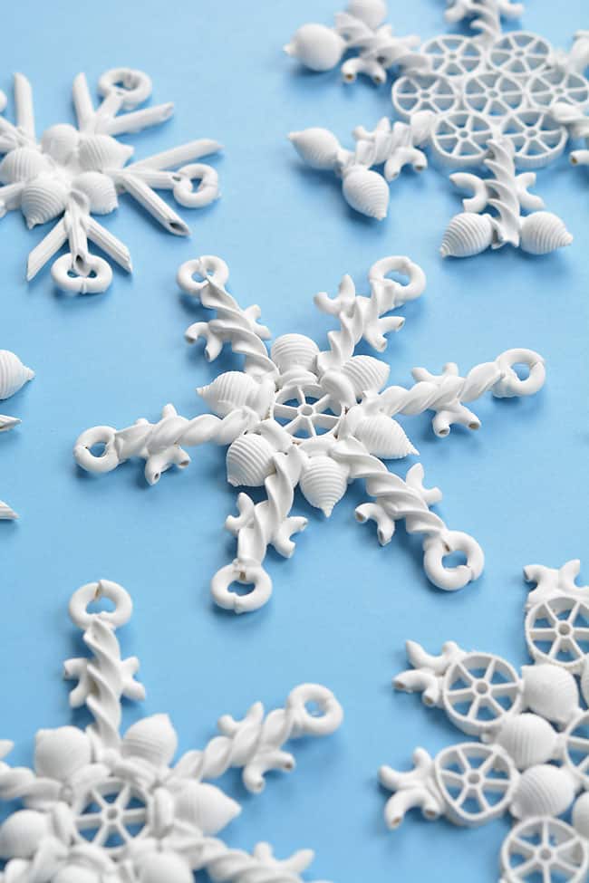 Close angle on pasta snowflake ornaments