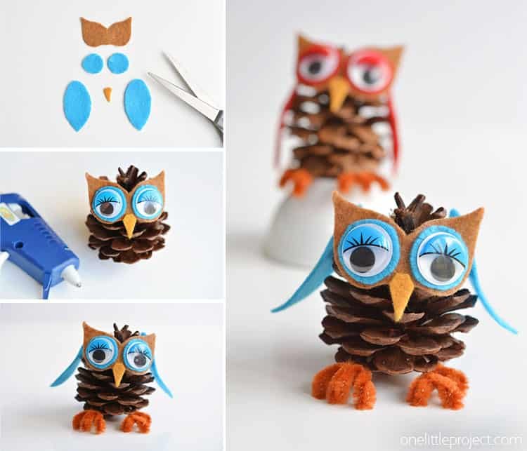 These pinecone owls are SO FUN and they're so easy to make! Best of all, you can get all the supplies at the dollar store! If you add a string, they make great Christmas ornaments! Such a great 5 minute craft idea!