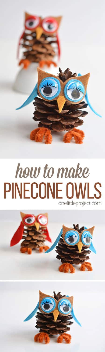 These pinecone owls are SO FUN and they're so easy to make! Best of all, you can get all the supplies at the dollar store! If you add a string, they make great Christmas ornaments! Such a great 5 minute craft idea!