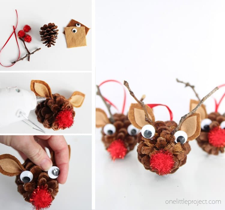 These pinecone reindeer are the most adorable kids Christmas craft! Make these DIY pinecone ornaments this year to adorn your tree!