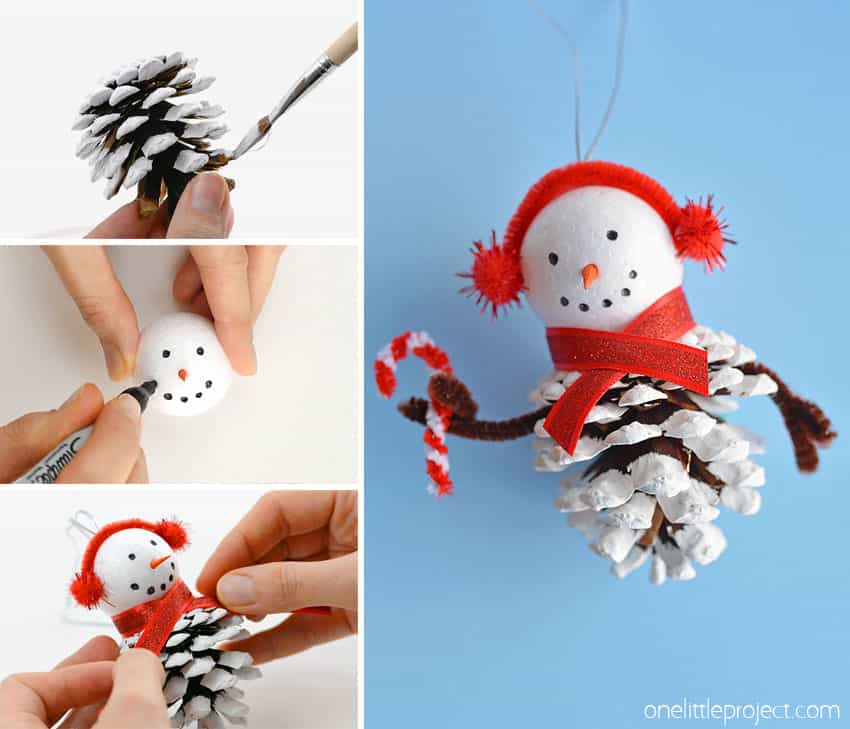 These pinecone snowman ornaments are so FUN and look super cute hanging from the tree! Such a fun Christmas craft for kids of all ages! Using dollar store supplies you can transform a regular old pinecone into a little bundled-up snowman complete with a top hat, scarf and earmuffs! It's a great homemade Christmas ornament you can pull out year after year. Or you can leave it up all winter long as a frosty decoration!
