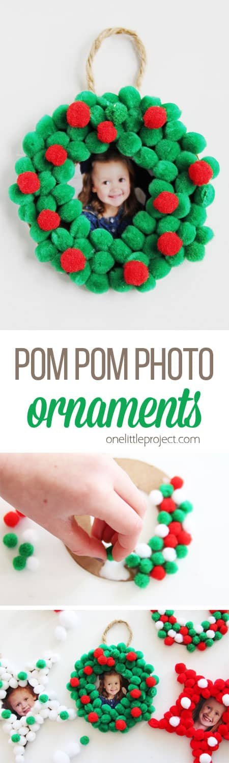 These pom pom Christmas photo ornaments are SO EASY for kids to make and would make the perfect addition to any tree this holiday! They're great for leftover school photos too!