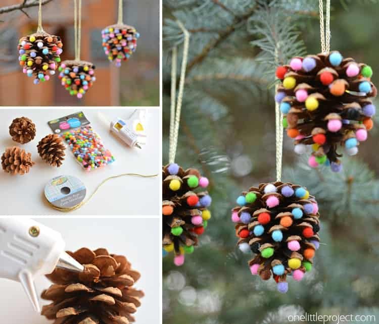 These pom pom and pinecone ornaments are SO EASY! They're a great craft for both kids and adults and they end up looking surprisingly beautiful!