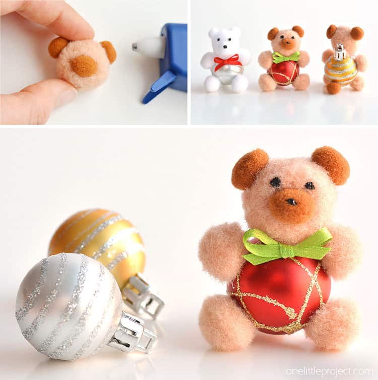 These pom pom teddy bear ornaments are ADORABLE for Christmas and they're super easy to make! All you need are dollar store pom poms and Christmas ball ornaments. This is such a fun dollar store kids craft idea for Christmas and a cute idea for homemade Christmas ornaments! Cutest little teddy bears ever!