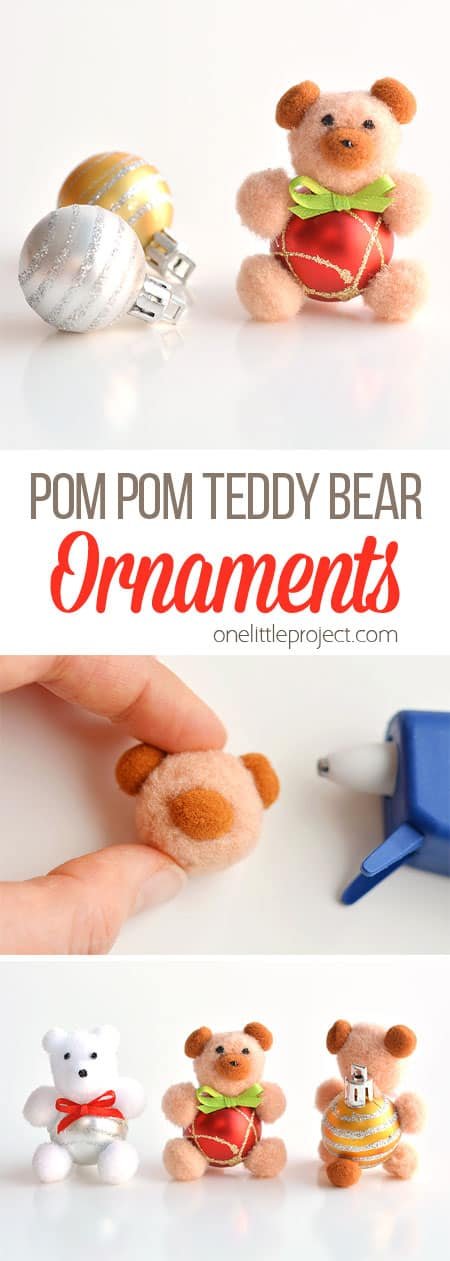 These pom pom teddy bear ornaments are ADORABLE for Christmas and they're super easy to make! All you need are dollar store pom poms and Christmas ball ornaments. This is such a fun dollar store kids craft idea for Christmas and a cute idea for homemade Christmas ornaments! Cutest little teddy bears ever!