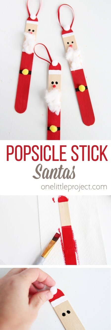 Create a DIY santa ornament out of popsicle sticks. These are SO CUTE and super easy to make!