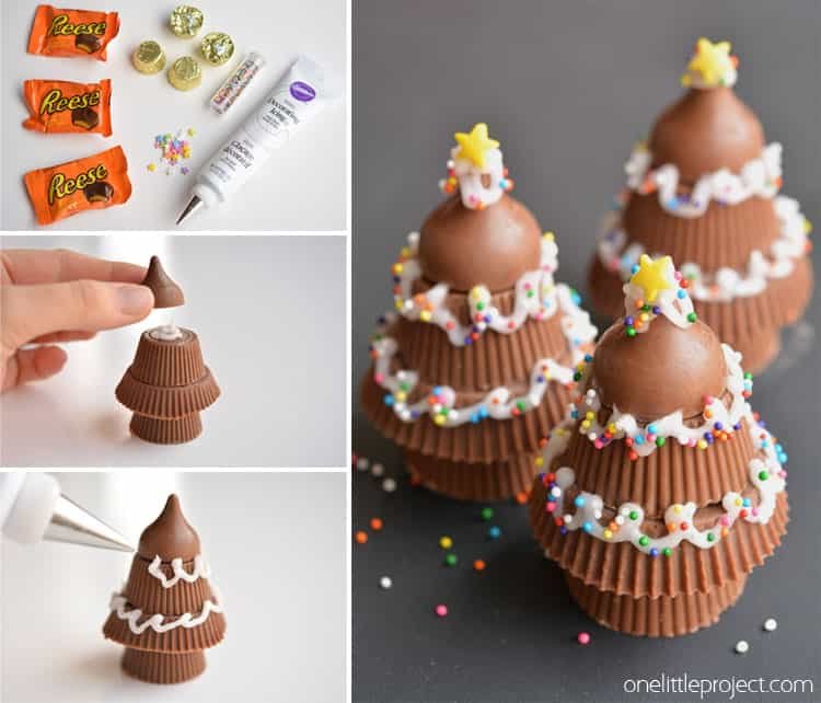 These peanut butter cup Christmas trees are SO CUTE! They'd make a great dessert or treat, and can even be wrapped up to give as a party favour!