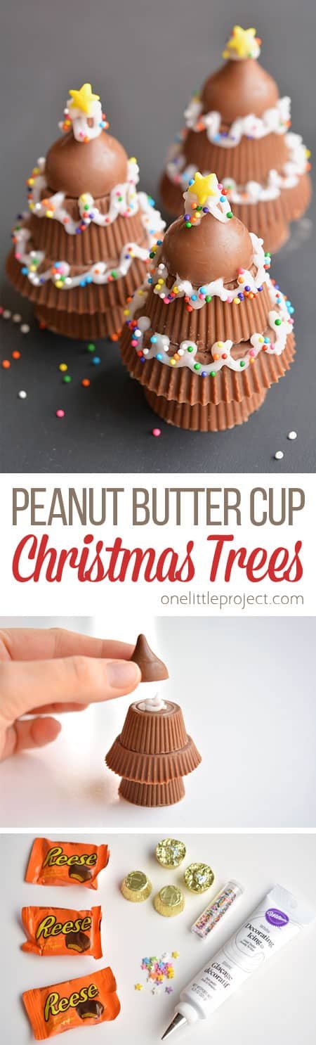 These peanut butter cup Christmas trees are SO CUTE! They'd make a great dessert or treat, and can even be wrapped up to give as a party favour!