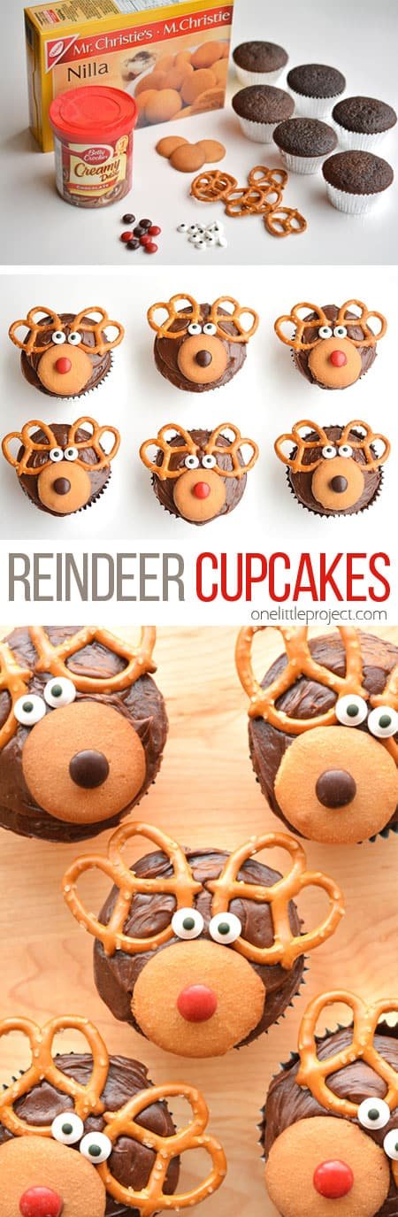 These reindeer cupcakes are SO EASY and fun to make! They'd be great for a school party, a Christmas potluck, or just as a fun treat to make with the kids when school's out!