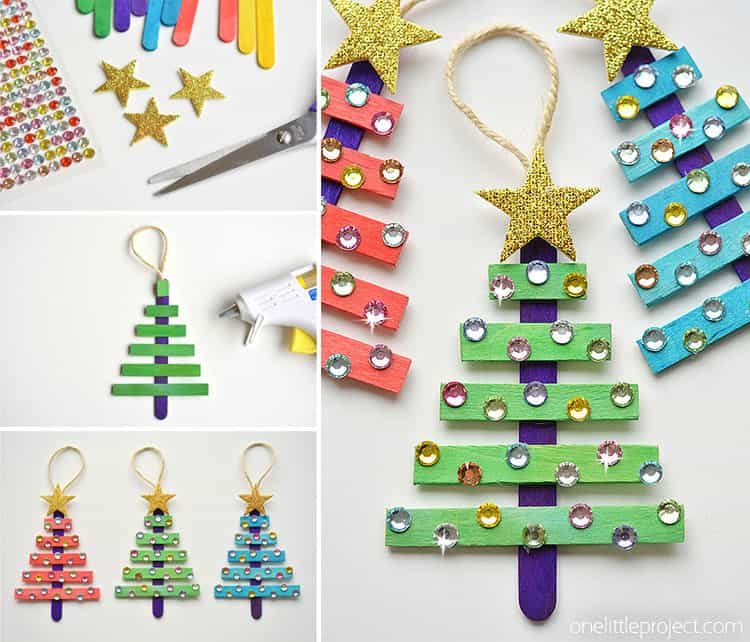 These popsicle stick Christmas trees are SO EASY to make and they're so beautiful! The kids loved decorating them! Such an awesome dollar store Christmas craft idea!!