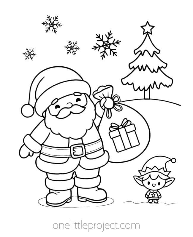 Santa Claus Coloring Sheet - jolly Santa with a sack of presents and an elf