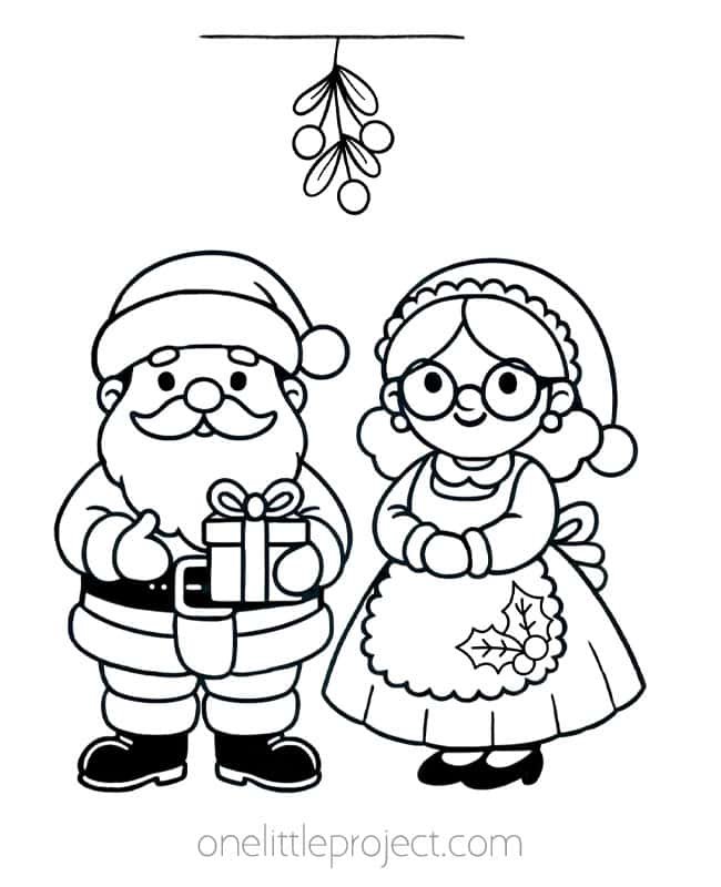 Santa Coloring Pages - Santa and Mrs. Claus under the mistletoe