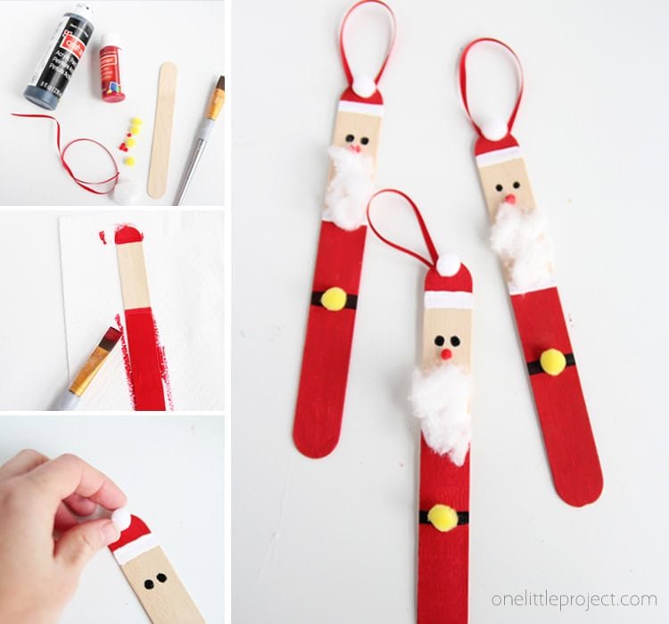 Create a DIY santa ornament out of popsicle sticks. These are SO CUTE and super easy to make!