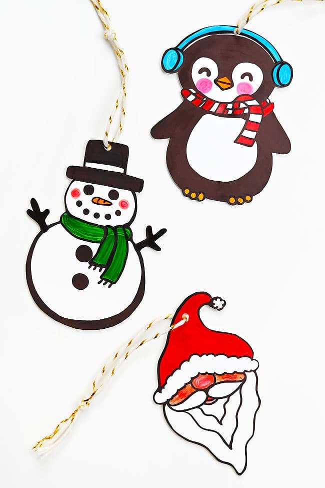 Penguin, snowman, and Santa shrink plastic ornaments