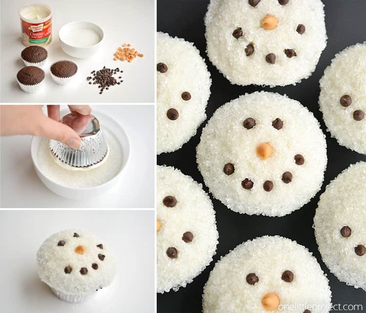 These easy snowman cupcakes would be PERFECT for a winter birthday party, a Christmas party, or just a fun baking activity with the kids! So cute and easy!