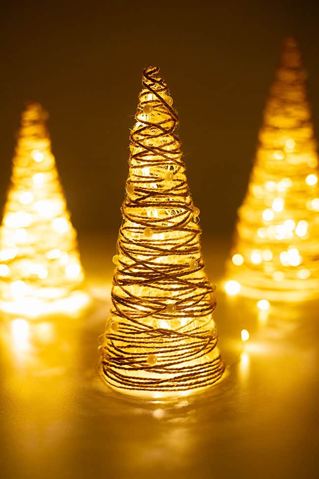 DIY Christmas tree decorations made with twine and glue