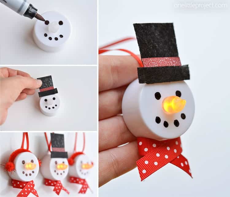 These tea light snowman ornaments are really easy to make and they look ADORABLE! Turn on the tea light and the "flame" becomes the snowman's carrot nose!