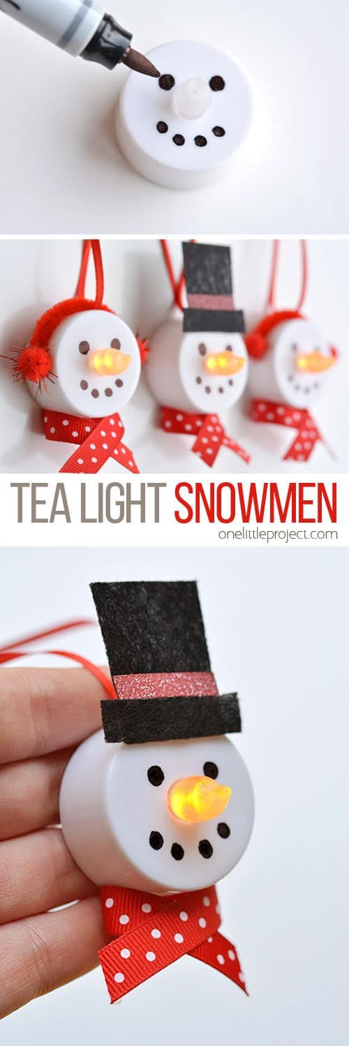 These tea light snowman ornaments are really easy to make and they look ADORABLE! Turn on the tea light and the "flame" becomes the snowman's carrot nose!