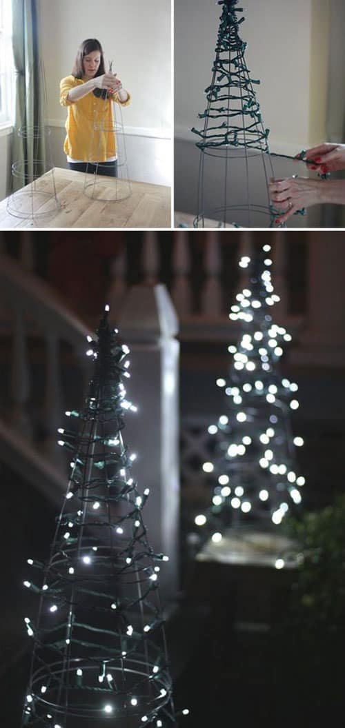 18 Clever Christmas Light Crafts - Tomato Cage Christmas Tree Lights