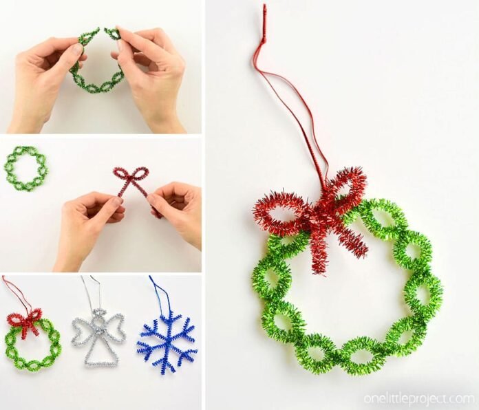 These easy pipe cleaner wreath ornaments are so FESTIVE and really easy to make. Such a fun way to make homemade Christmas ornaments in less than 5 minutes!